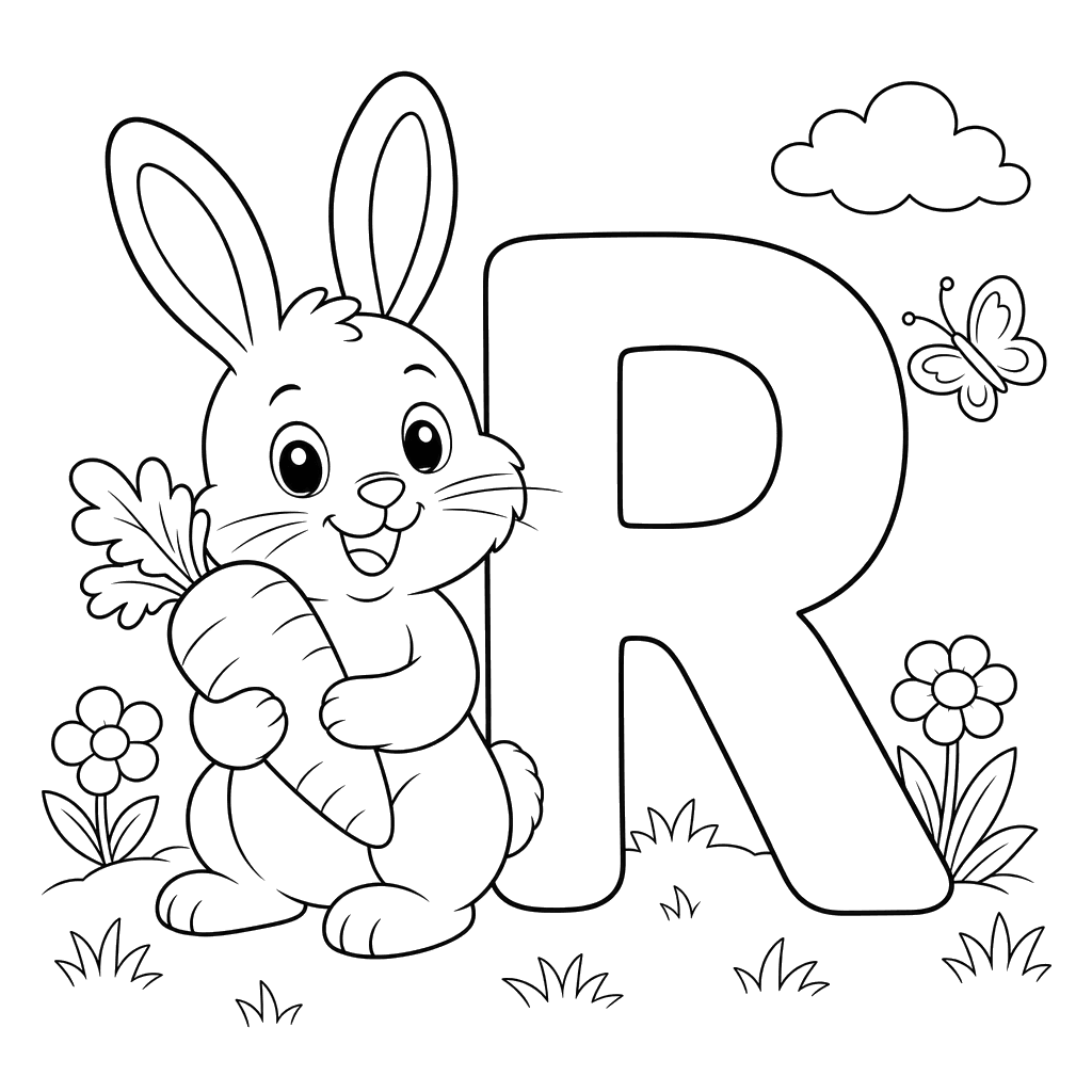 Dibujo para colorear de la letra R y un conejo