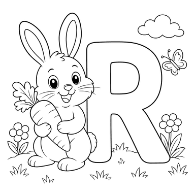 Dibujo para colorear de la letra R y un conejo