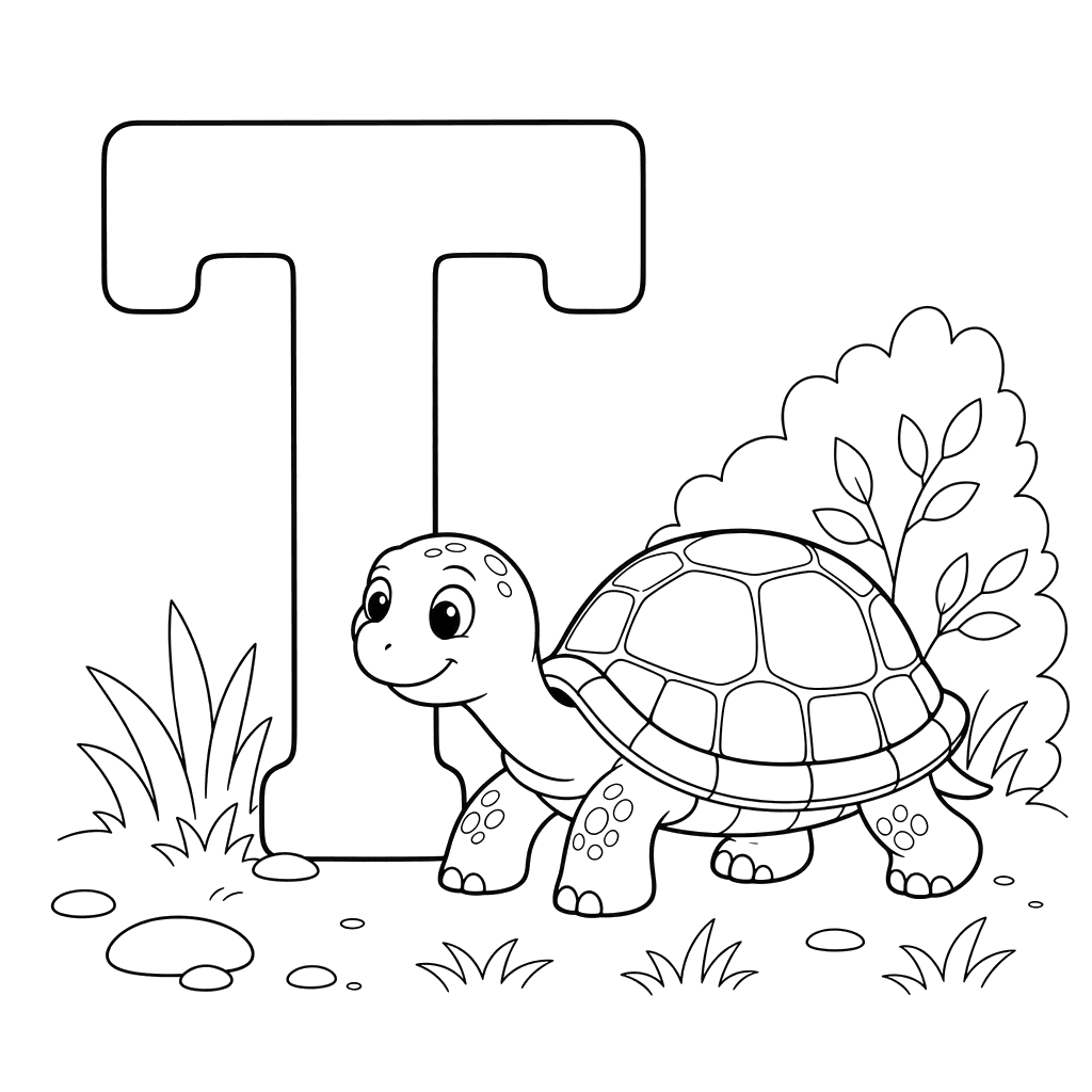Dibujo para colorear Letra T y Tortuga