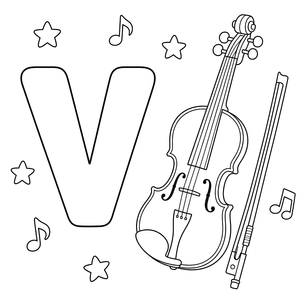 Dibujo para colorear de la Letra V y el Violín