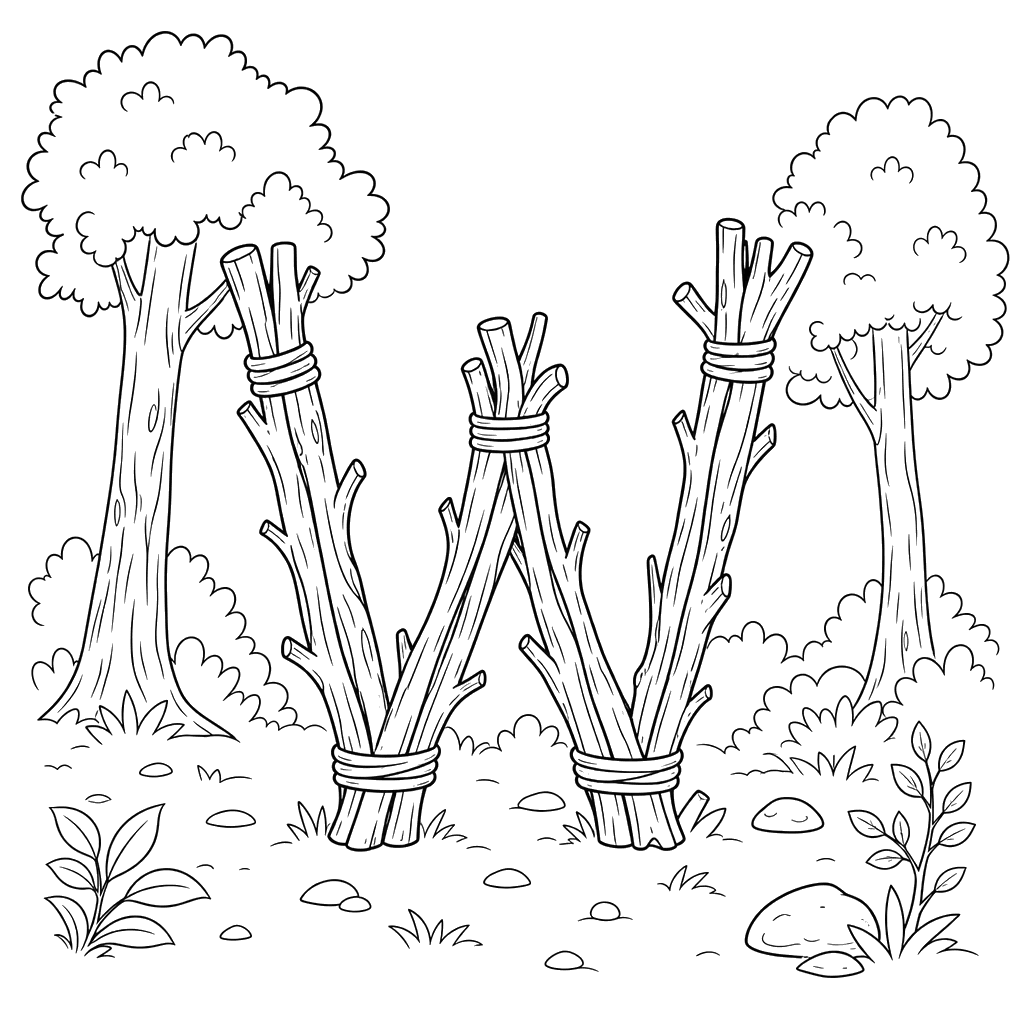 Buchstabe W aus Ästen im Wald Ausmalbild
