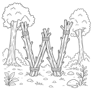 Buchstabe W aus Ästen im Wald Ausmalbild