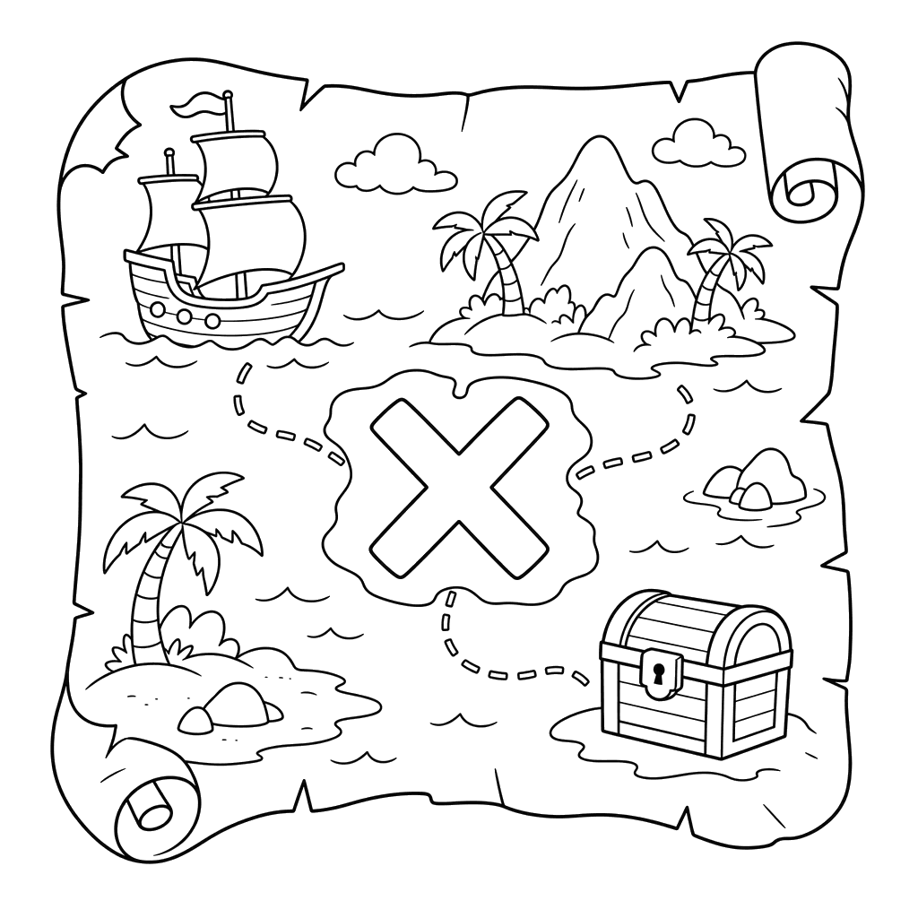 Coloriage Lettre X sur la carte au trésor