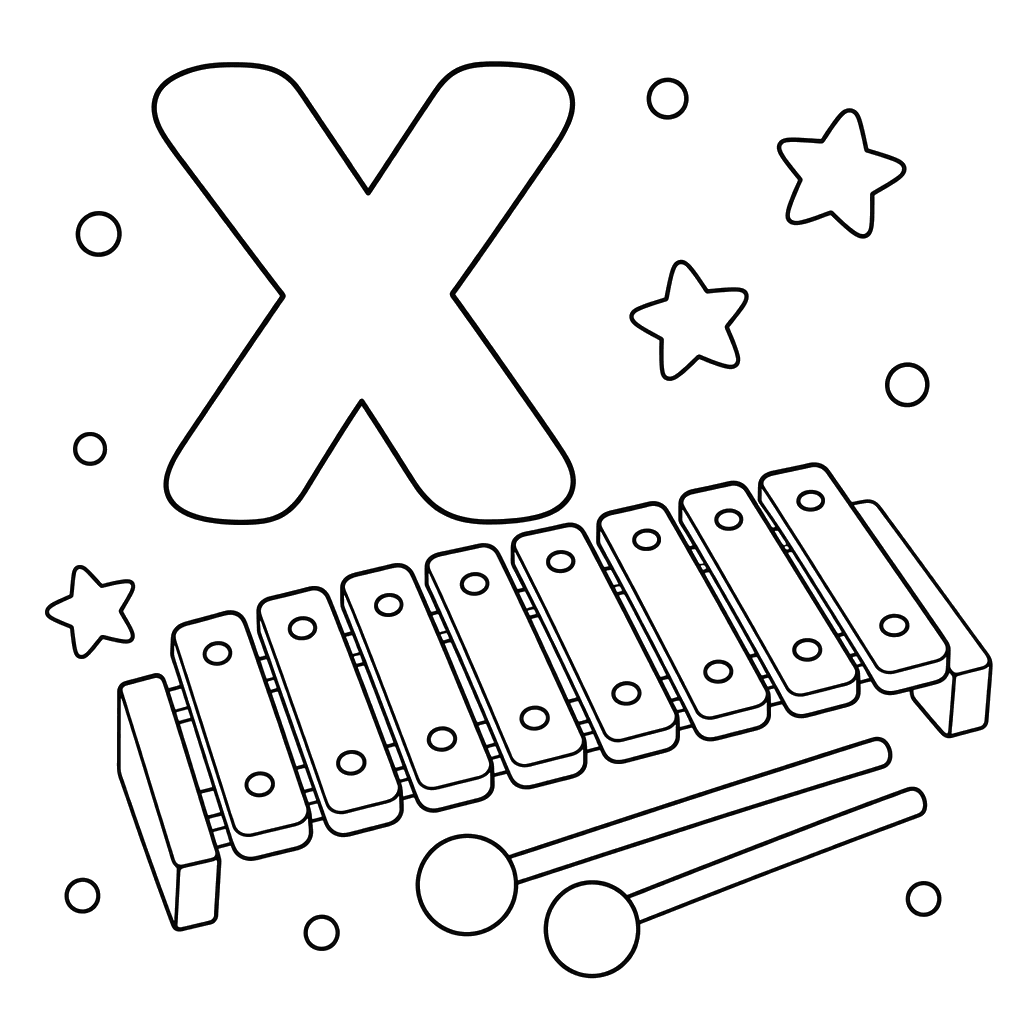 Dibujo para colorear de la letra X y xilófono