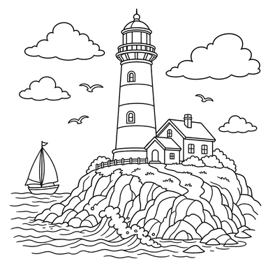 Leuchtturm am felsigen Ufer – Ausmalbild