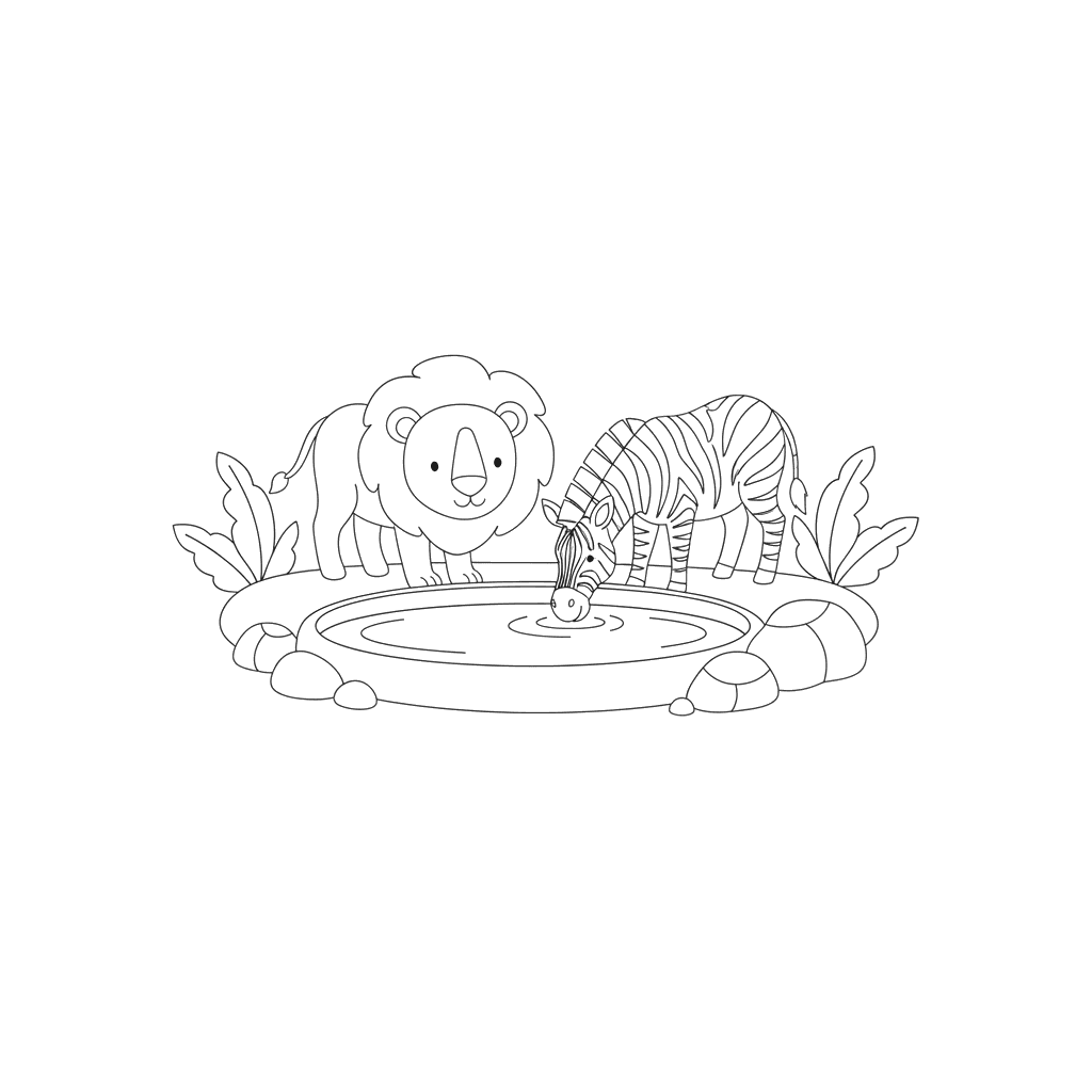Lion and Zebra at Waterhole Coloring Page