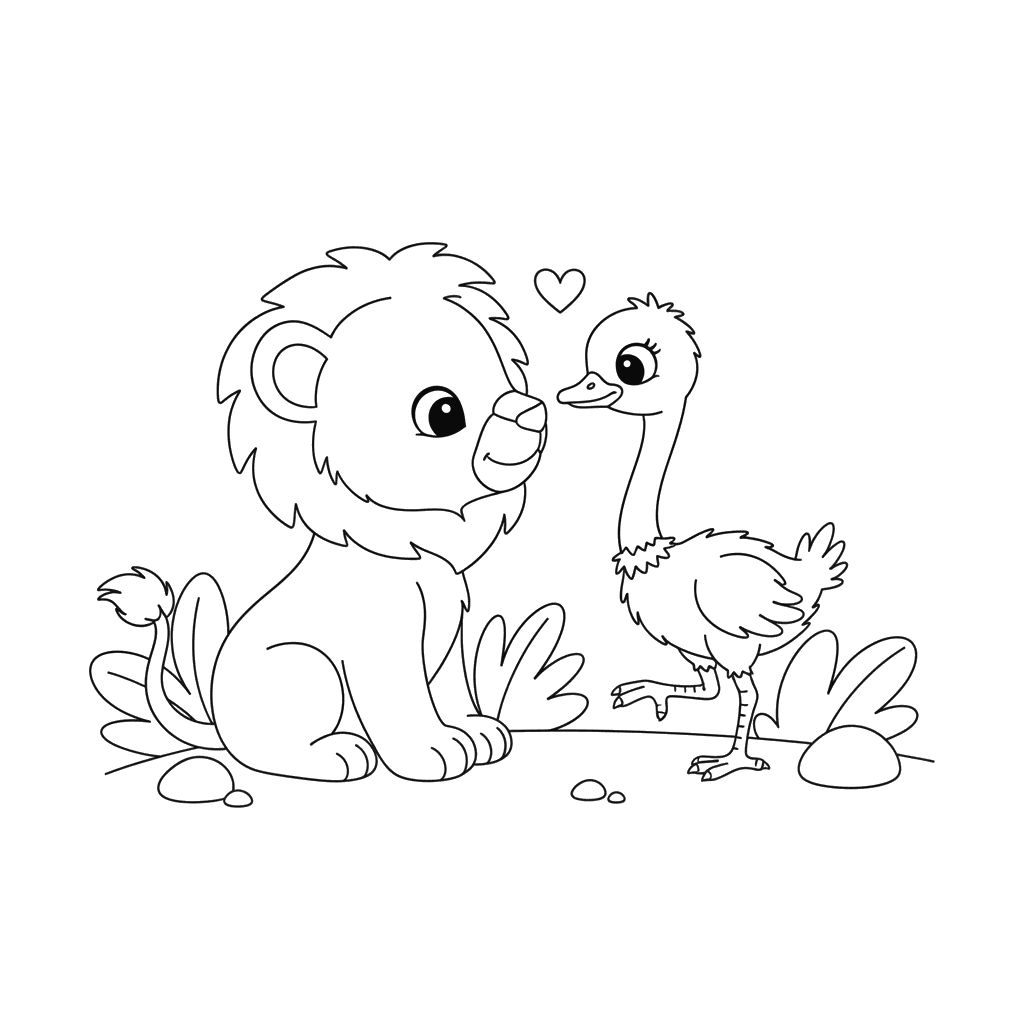 Lion Cub and Ostrich Chick First Friends Coloring Page
