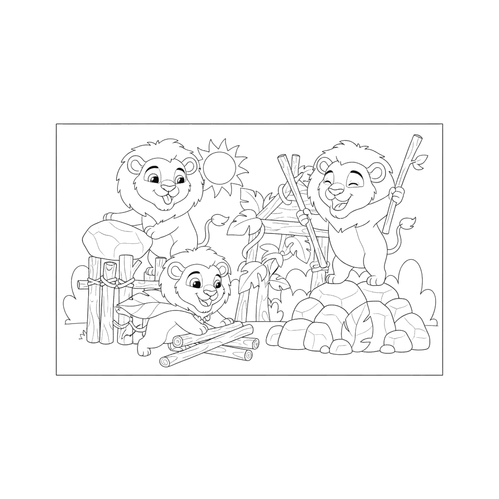 Lion Cubs Building a Fort Coloring Page