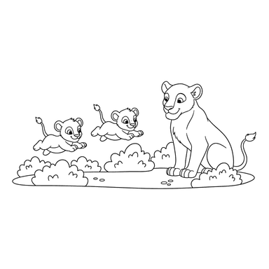 Ausmalbild: Löwenbabys beim Sprungtraining