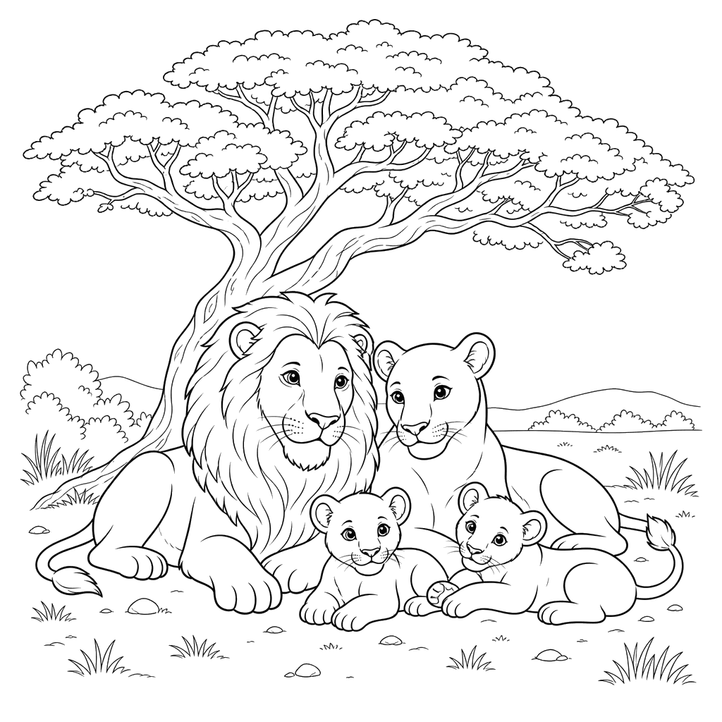 Famille de lions sous l'acacia