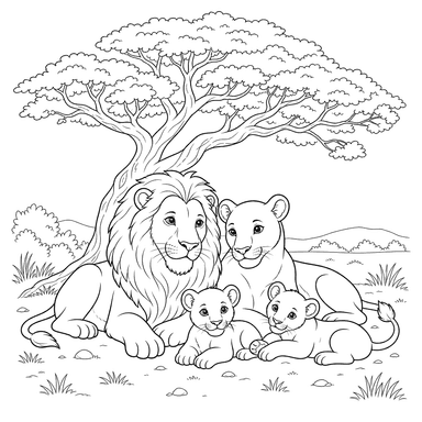 Famille de lions sous l'acacia