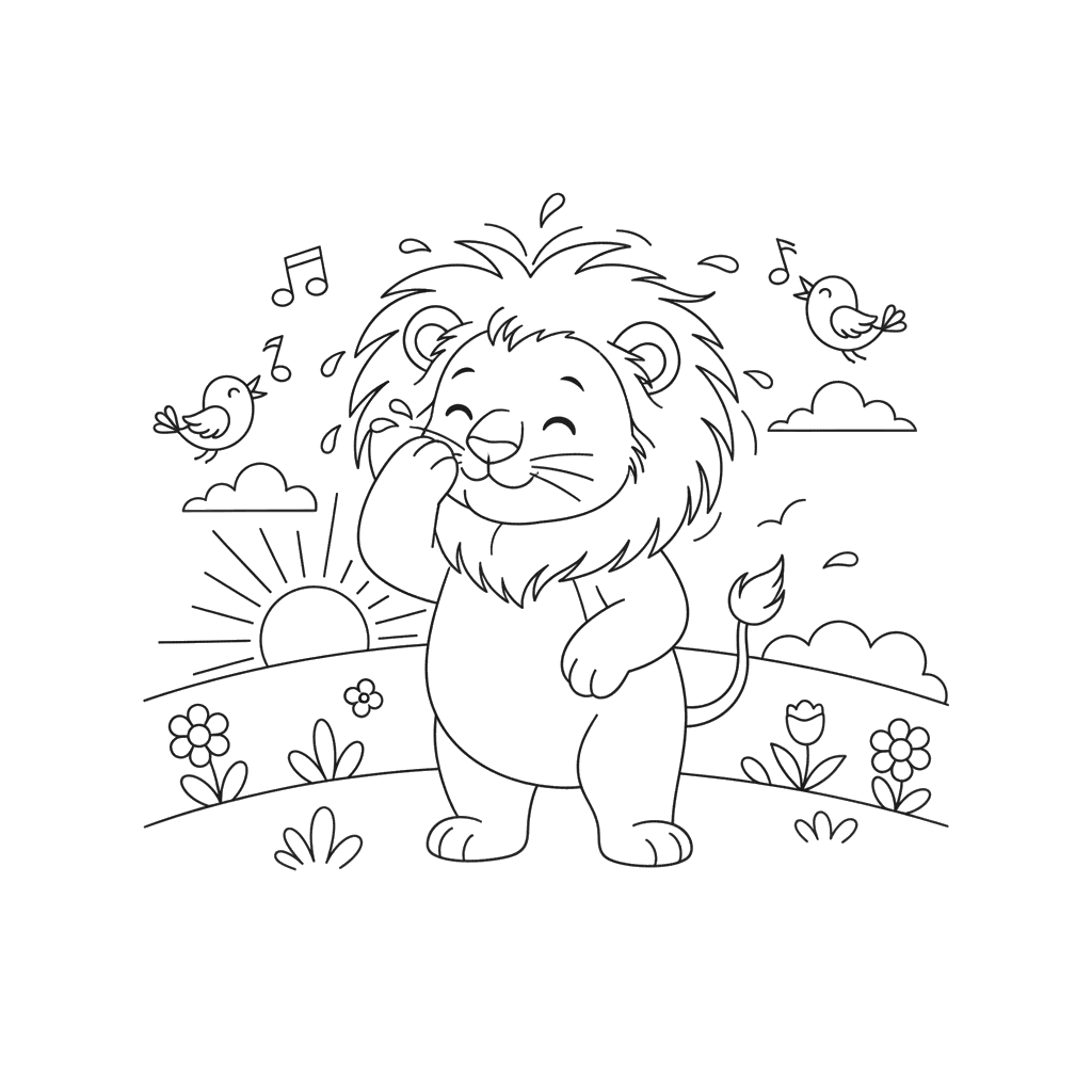Coloriage Lion Toilette Matinale
