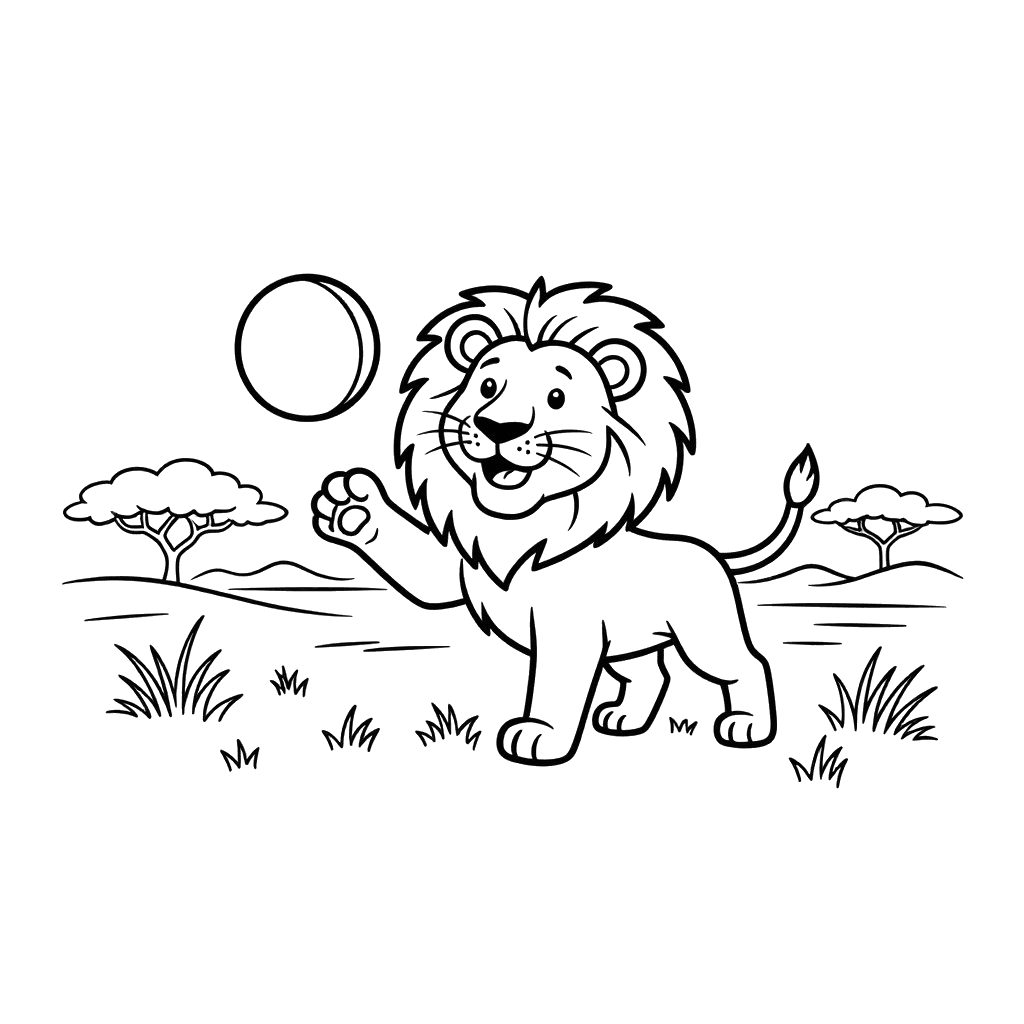 Leão brincando com uma bola para colorir
