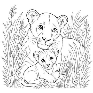 Lionne et son lionceau dans les hautes herbes