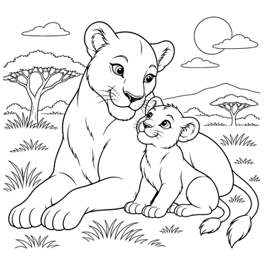 Desenho para colorir de leoa com filhote na savana