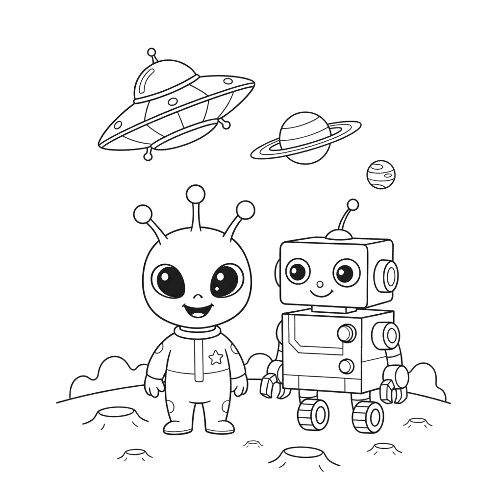 Dibujo para Colorear Pequeño Extraterrestre y Robot