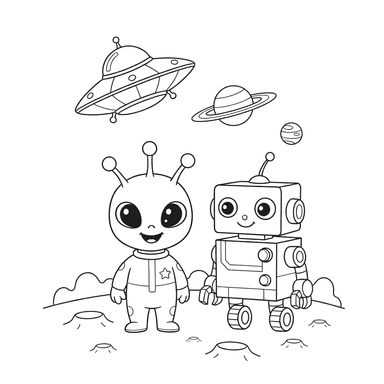 Kleiner Außerirdischer und Roboter Ausmalbild