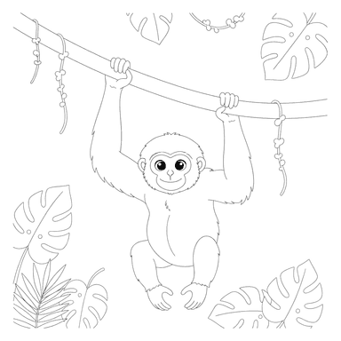 Ausmalbild: Kleiner Gibbon an einer Liane