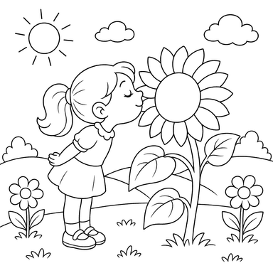 Little Girl Smelling a Giant Sunflower