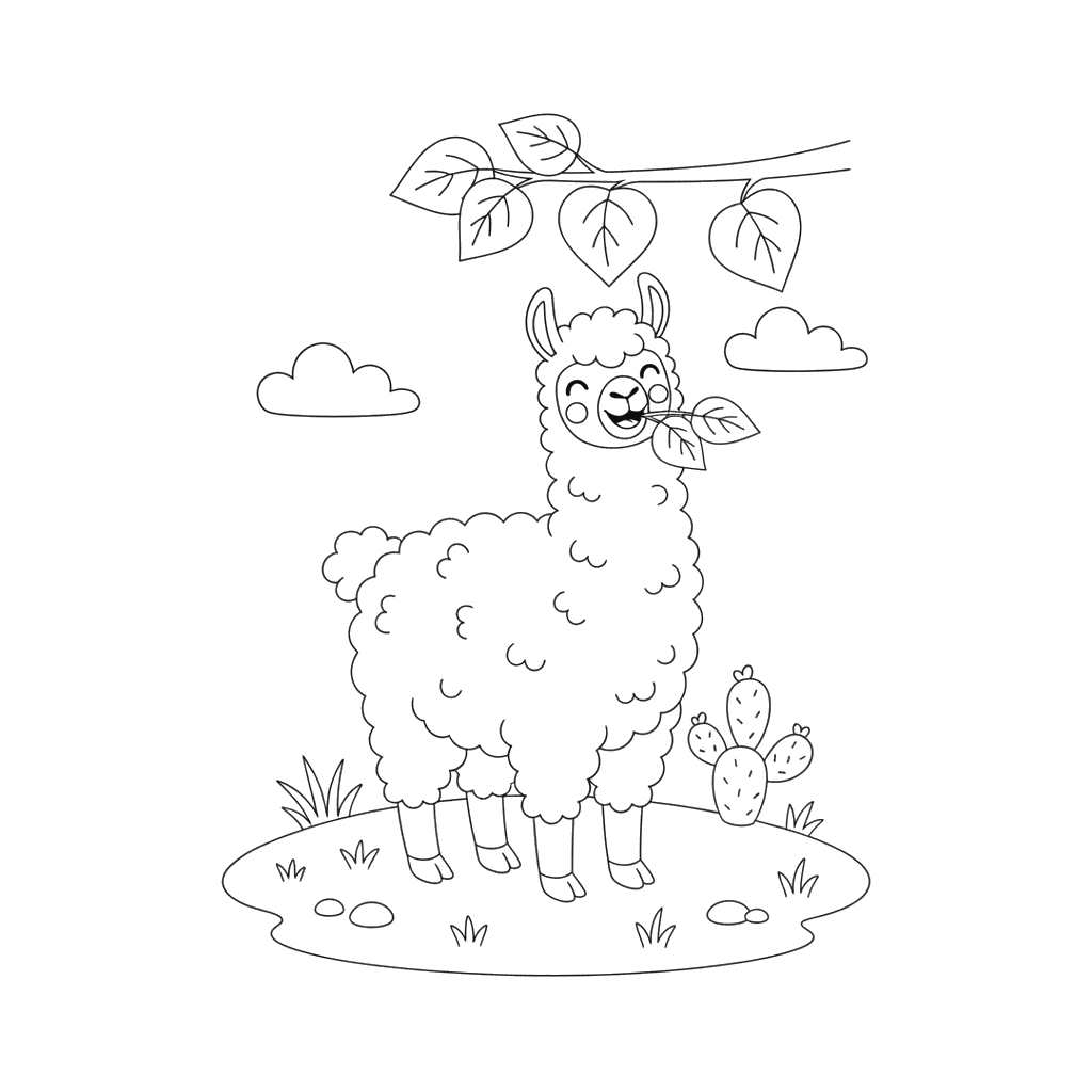 Lama frisst Blätter Ausmalbild