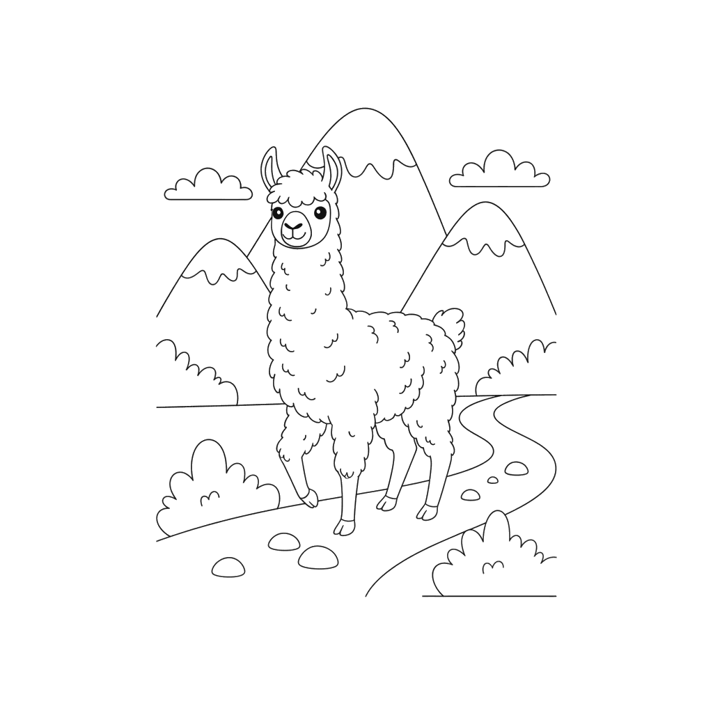 Llama on a Mountain Trail Coloring Page
