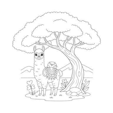 Lama unter einem Baum Ausmalbild