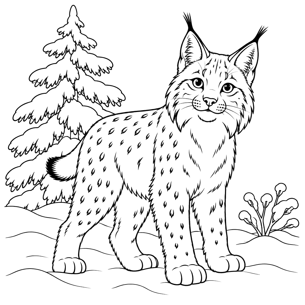 Desenho para colorir de lince na neve