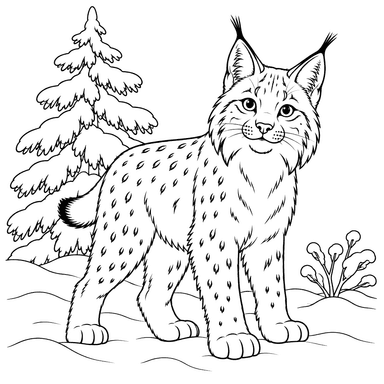 Coloriage lynx dans la neige près d’un sapin