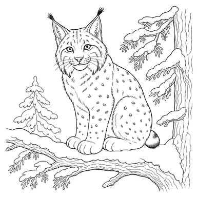 Ausmalbild Luchs auf verschneitem Ast