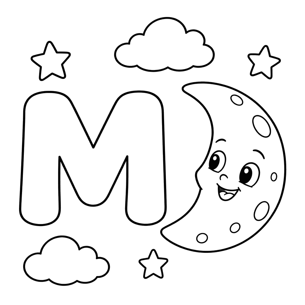 Letter M and Smiling Moon Coloring Page