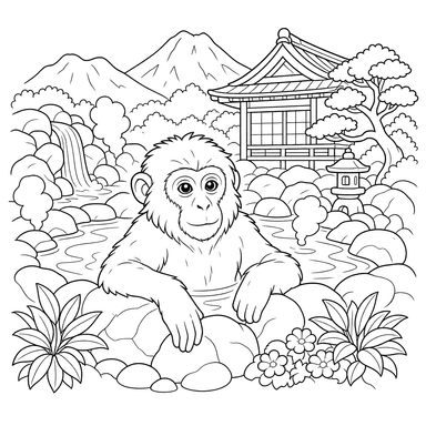 Macaco en fuentes termales — dibujo para colorear