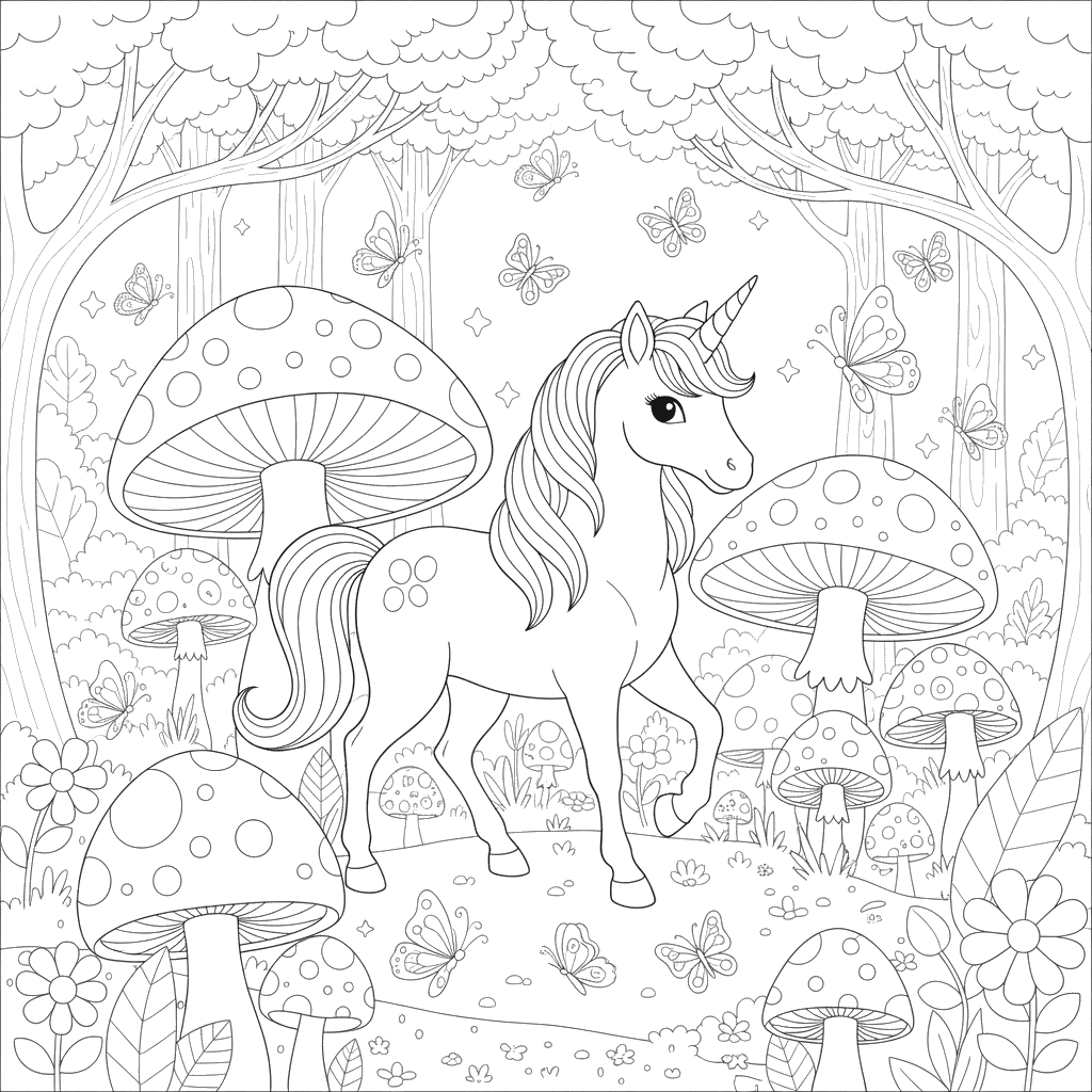 Unicórnio no bosque mágico para colorir