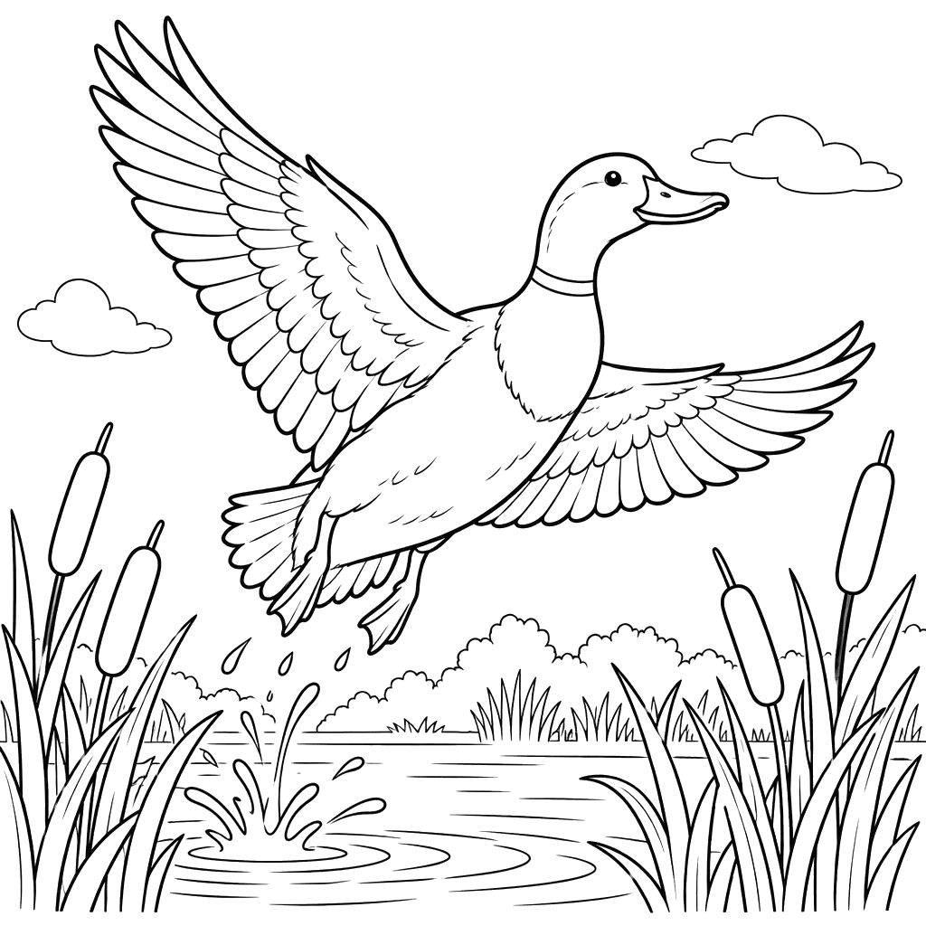 Pato-real voando sobre os juncos