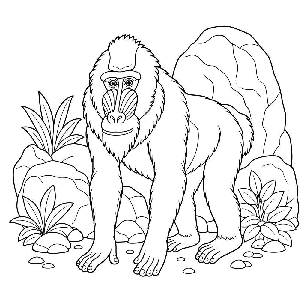 Mandrill with Rocks Coloring Page