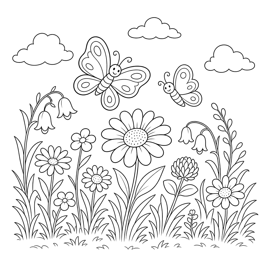 Desenho para colorir: paisagem de prado com borboletas e flores