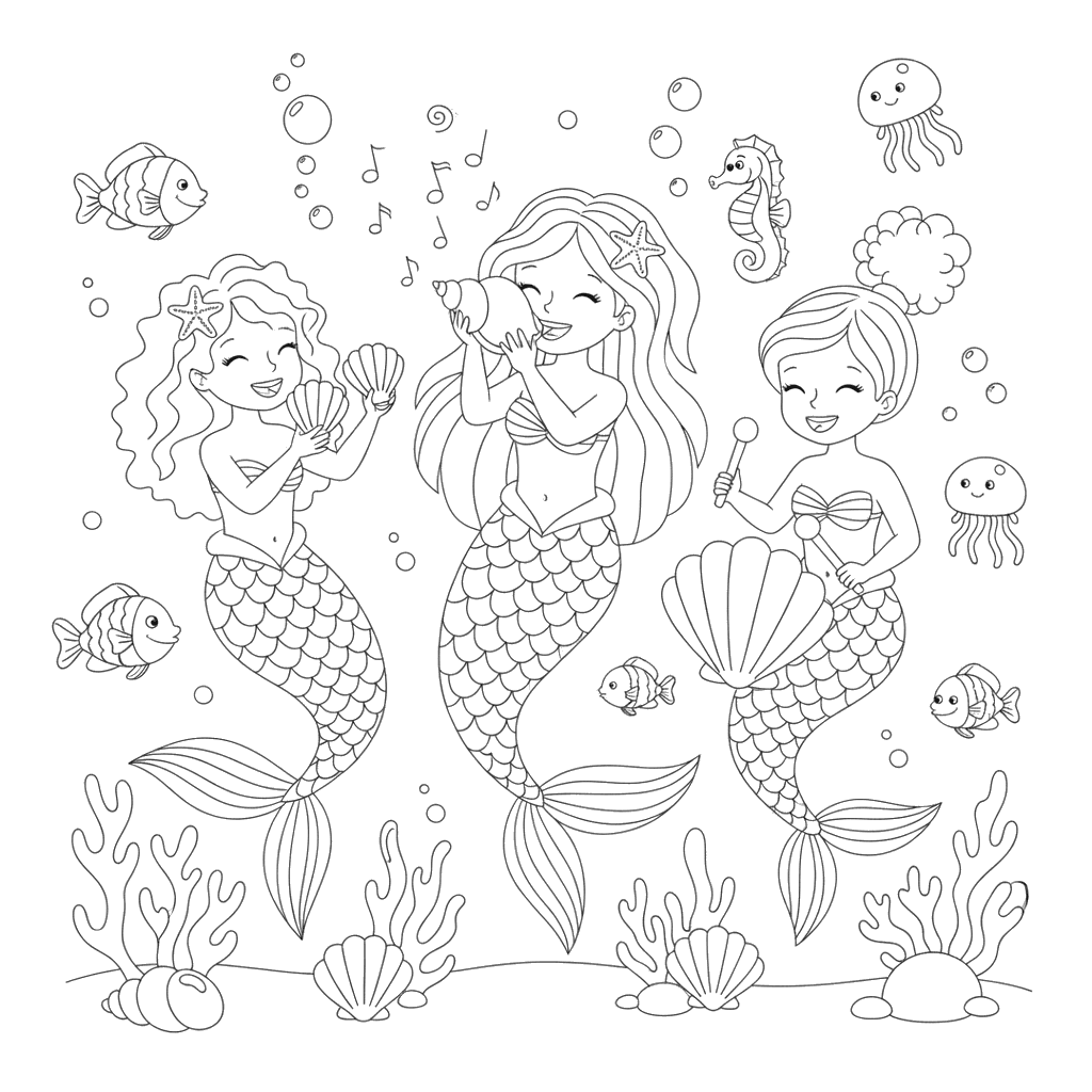 Festa subaquática de sereias para colorir
