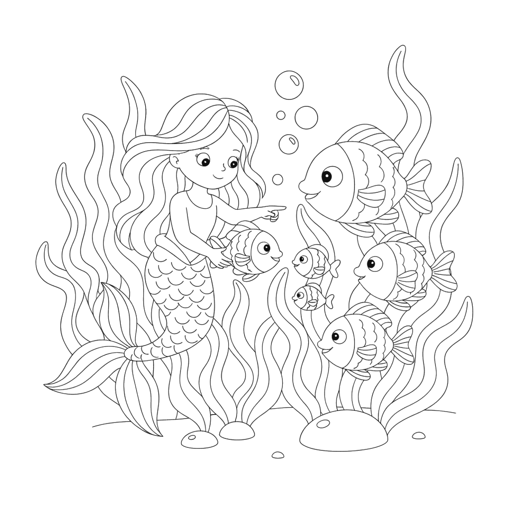 Sereia ajuda peixinho a encontrar a família para colorir