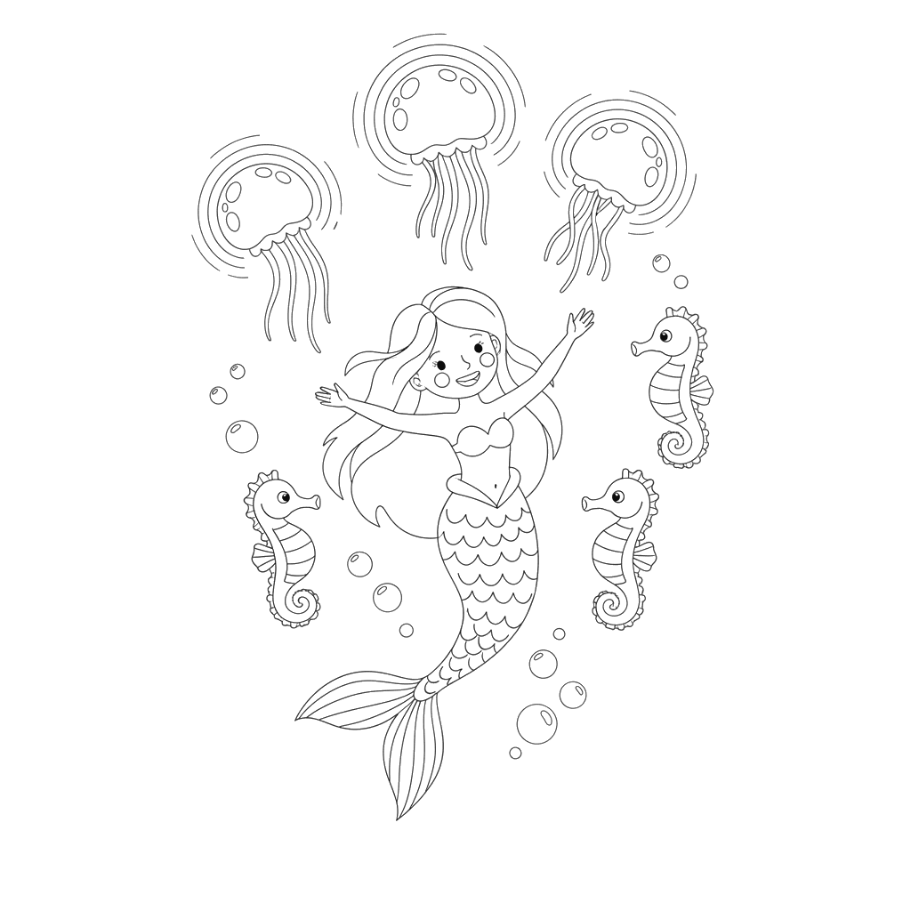 Sereia dançando com cavalos-marinhos para colorir
