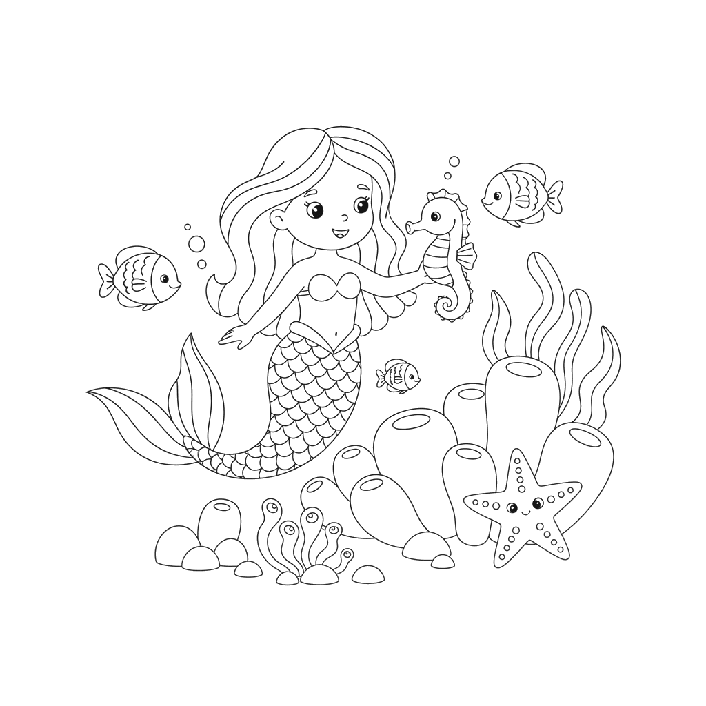 Sereia e cavalo-marinho para colorir