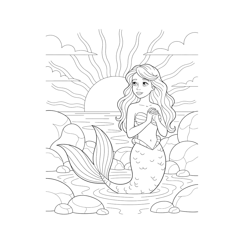 Sereia no pôr do sol para colorir