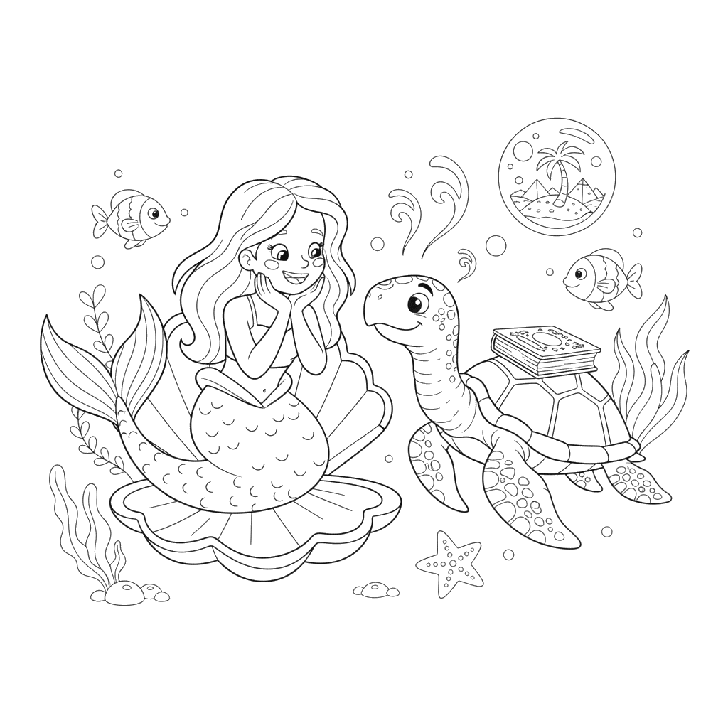 Sereia e Tartaruga Sábia para colorir