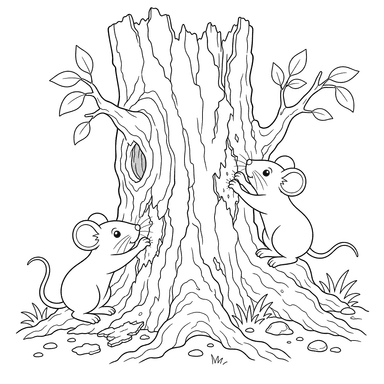 Souris rongeant l'écorce d'un vieil arbre