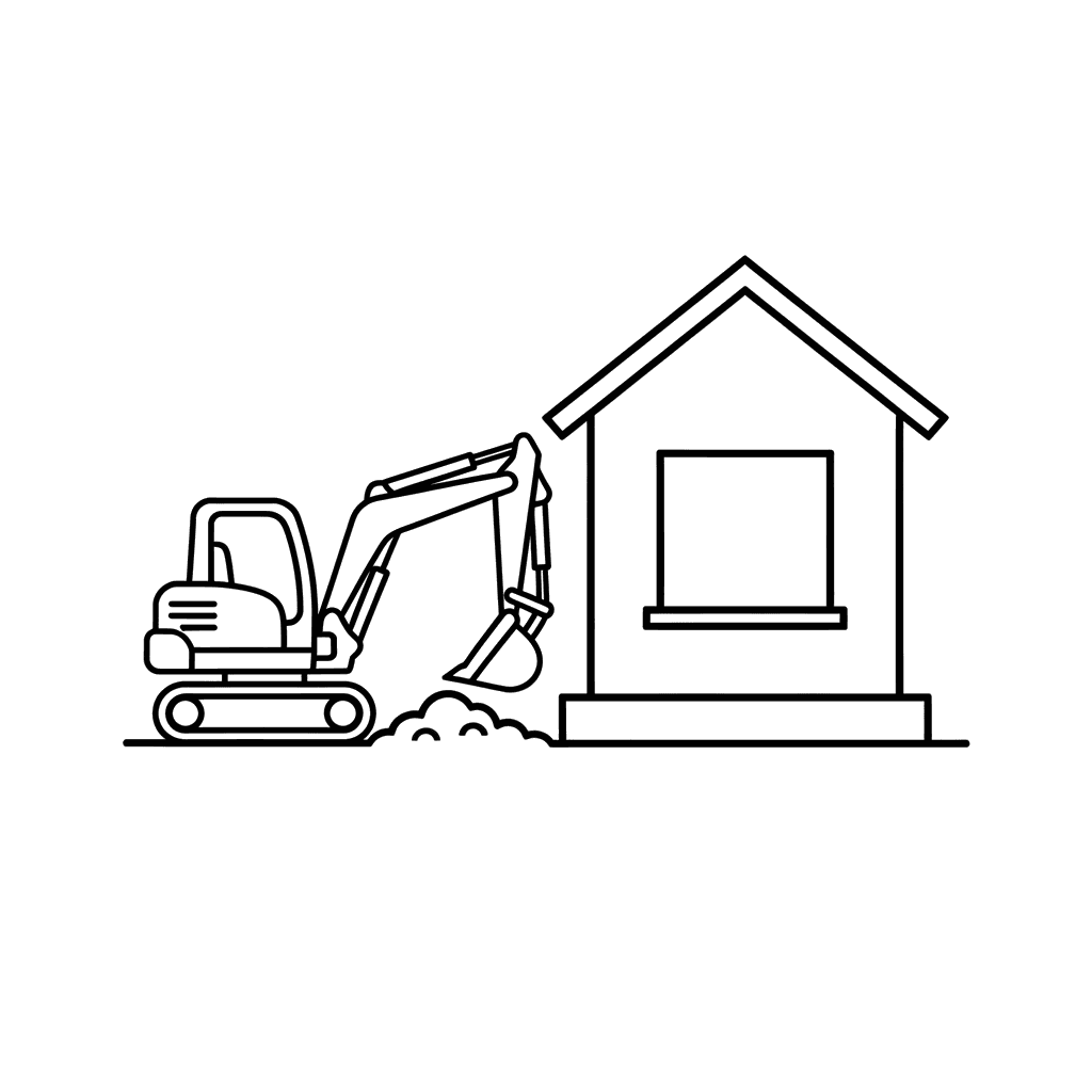 Mini-Bagger Ausmalbild am Haus