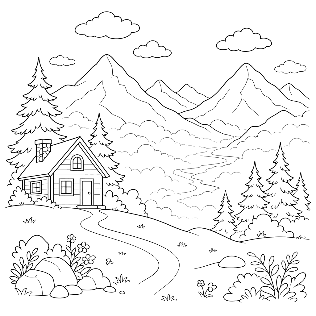 Dibujo para colorear: Paisaje nebuloso en un valle
