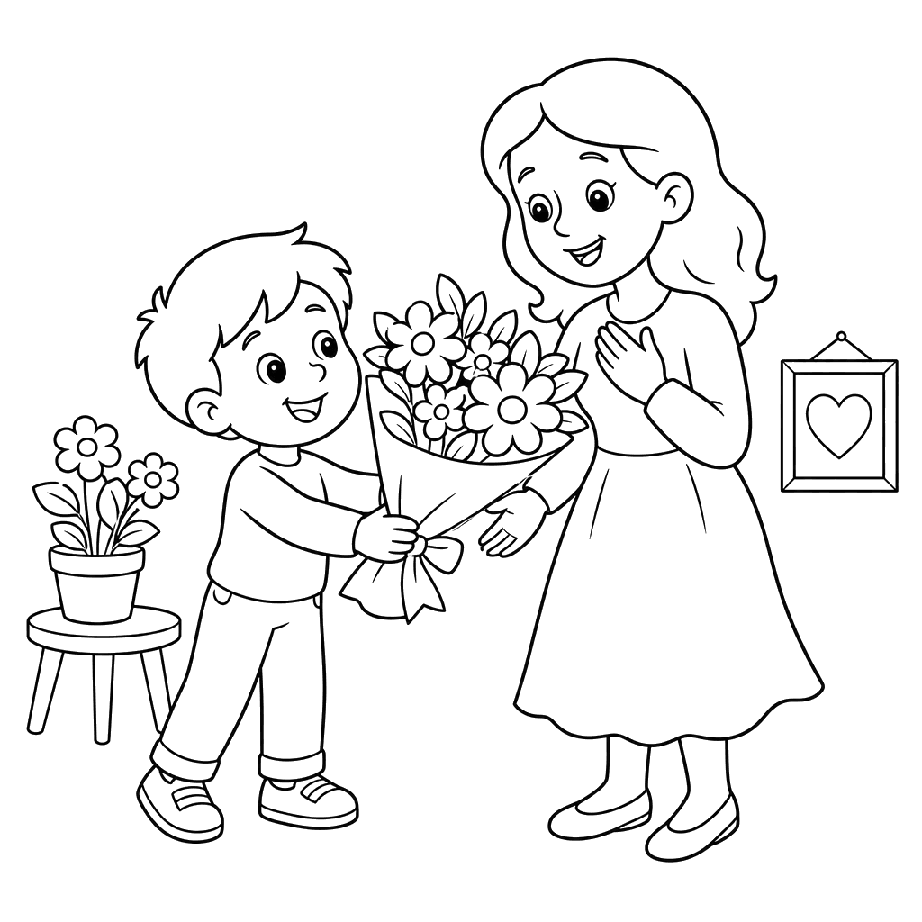 Mama bekommt Blumen — Ausmalbild