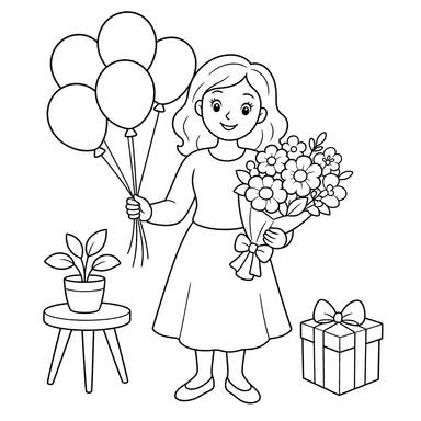 Mama mit Luftballons und Blumenstrauß