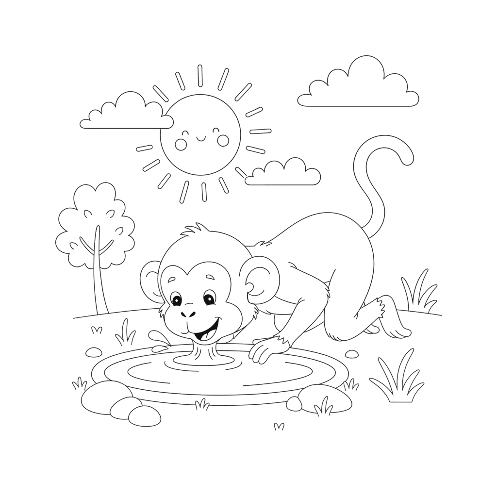 Affe trinkt Wasser aus einer Pfütze Ausmalbild