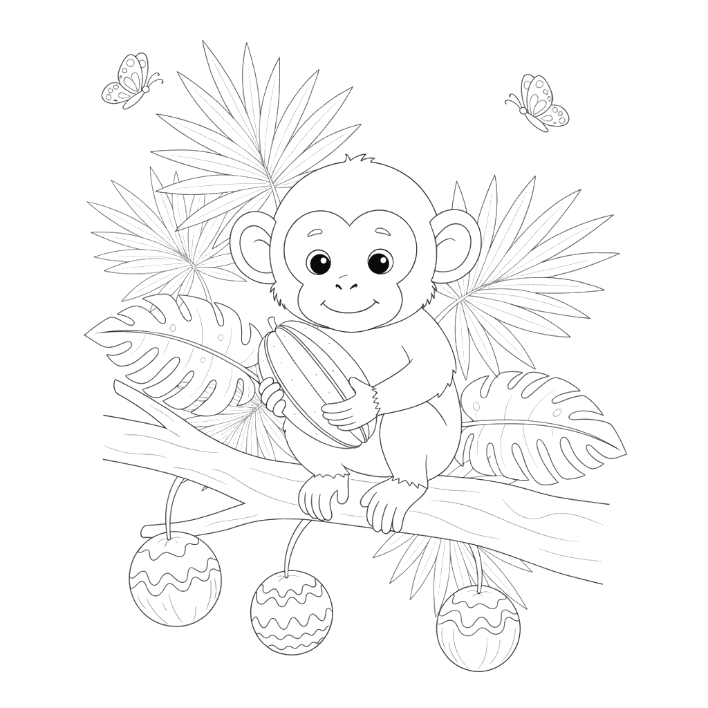 Ausmalbild: Affe mit tropischer Frucht