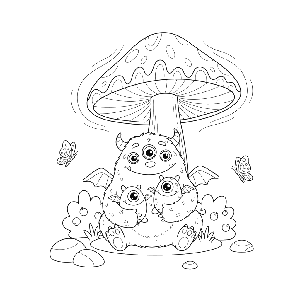 Coloriage Famille de monstres près du champignon lumineux