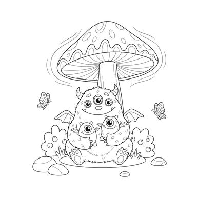 Dibujo para colorear Familia de monstruos junto a hongo brillante
